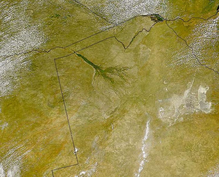 NASA view of Okavango Delta, with national borders added